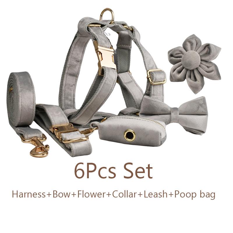 Silver-Gray Velvet Dog Collar with Flower Bag Set