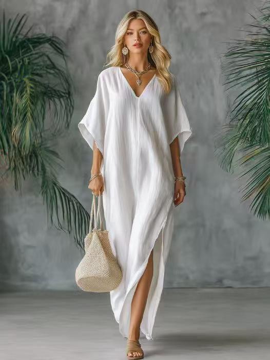 European and American New V-neck Bat Sleeve Split Ends Loose Temperament Dress Long Dress Women's Clothing
