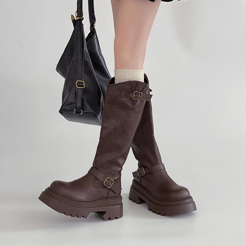 2025 autumn British style leather boots platform belt buckle knight boots women's fashion retro versatile but knee fashion boots