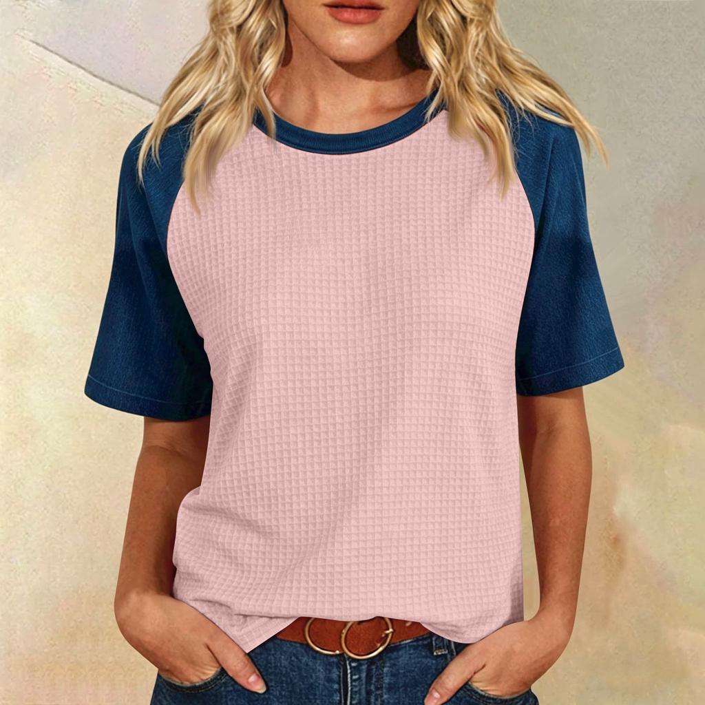 Women’s Casual Vintage Lightweight Plus Size Waffle Knit Raglan Crewneck Top Loose Fit Short Sleeve Pullover Shirt