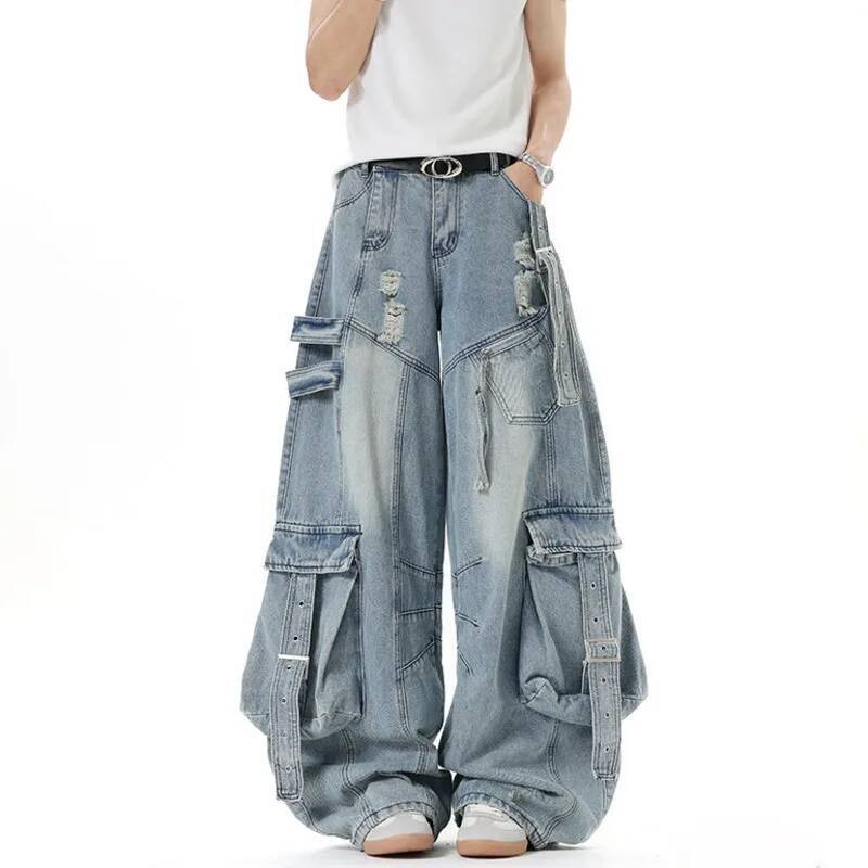 STREETRICH Jeans da Uomo Stile Americano Colore Unico Tasche Multiple Casual Pantaloni Usurati Deconstruction Gamba Larga Jeans in Denim