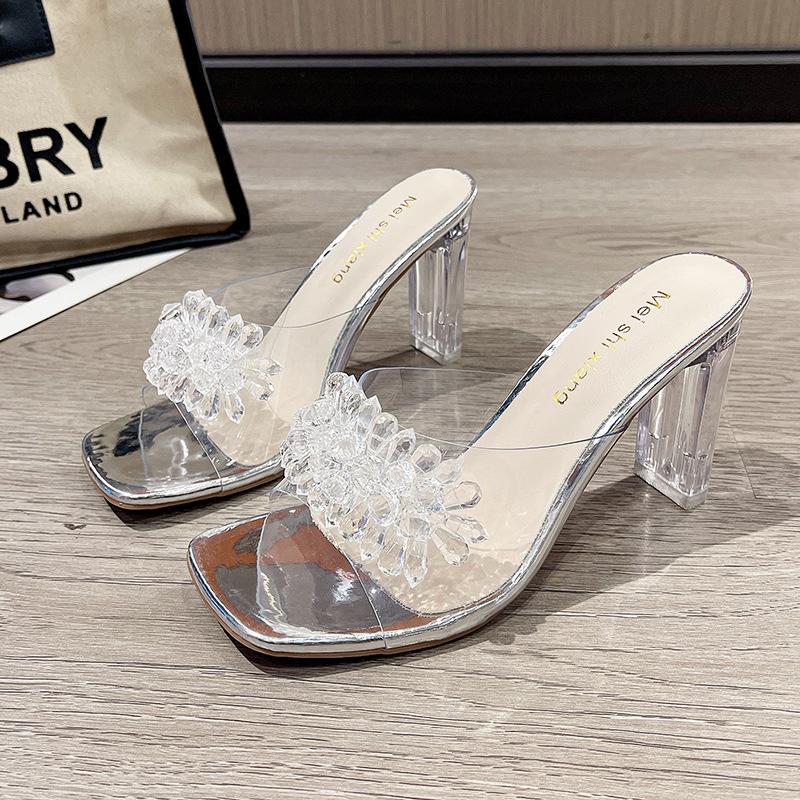 

Summer New Women s Slippers Luxury Rhinestone Transparent Quare Toe Sandals Elegant Banquet Party Dress Ladies High Heels 39 срібний
