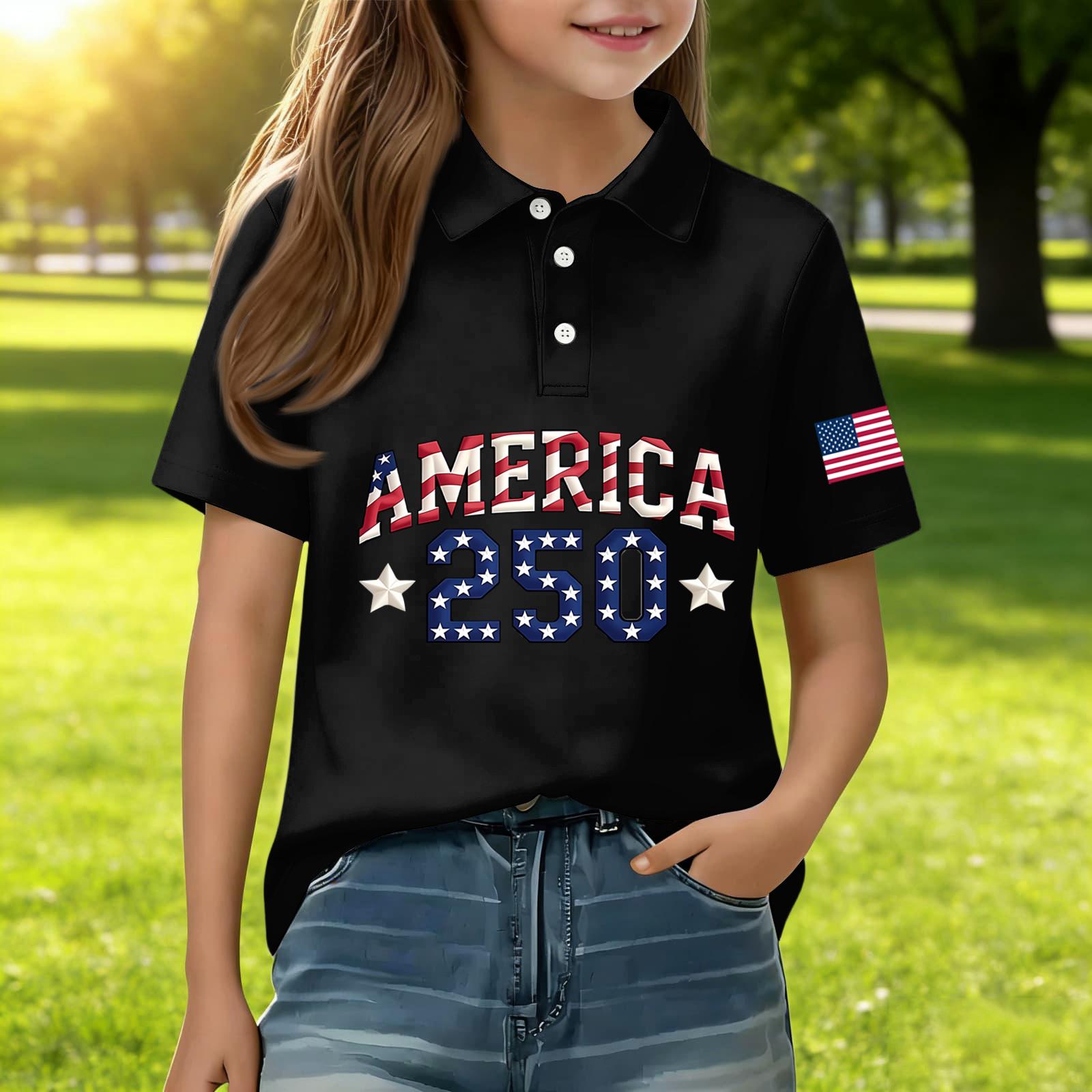 

Kids Casual Short Sleeve Shirt Independence Day Print T Shirt Polo Style Top for Boys and Girls Comfortable Daily Wear 110 чёрный