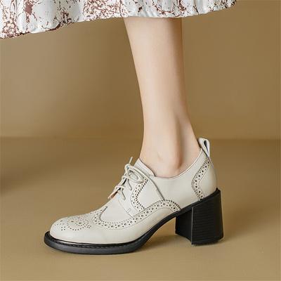 Mode Nouvelles Chaussures Femme Printemps Cuir Véritable Bout Rond Escarpins Femme Chaussures pour Femmes Zapatos Mujer Modèles Brogue Lacets Talons Hauts