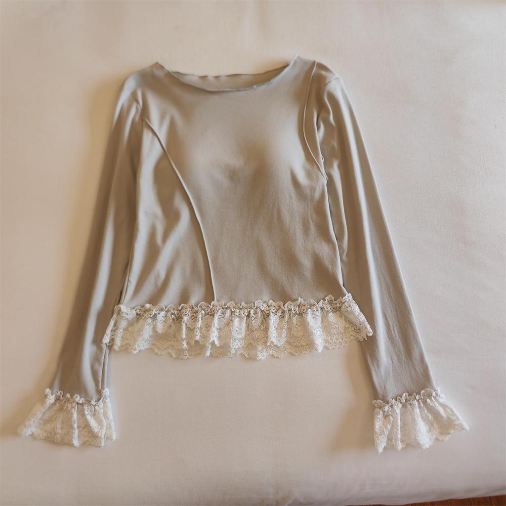 Women's Lace-Trim Pajama Set with Chest Pads - Long Sleeve & Pants, Sweet Influencer Style, Cotton Homewear for All Seasons