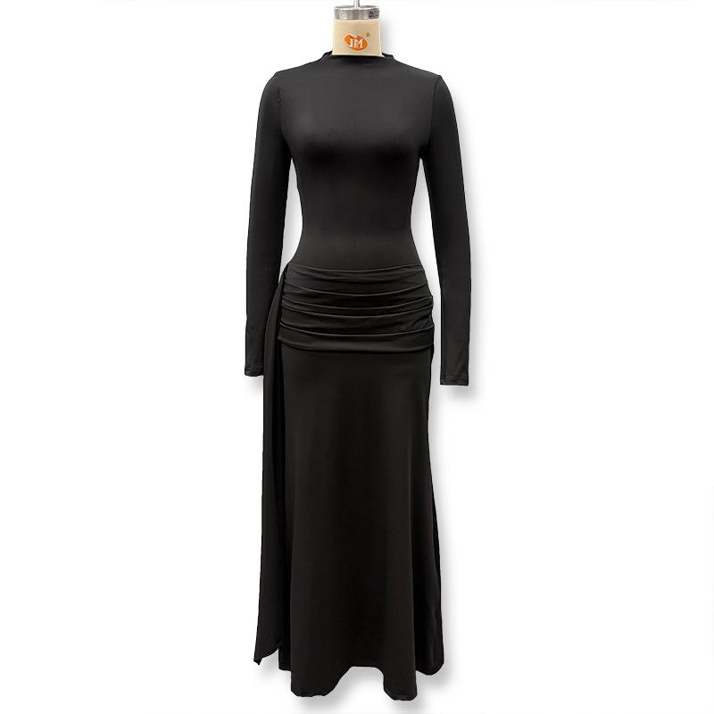 Women High Neck Long Sleeve Bodycon Maxi Dress with Side Drapery Solid Color Elegant Gown