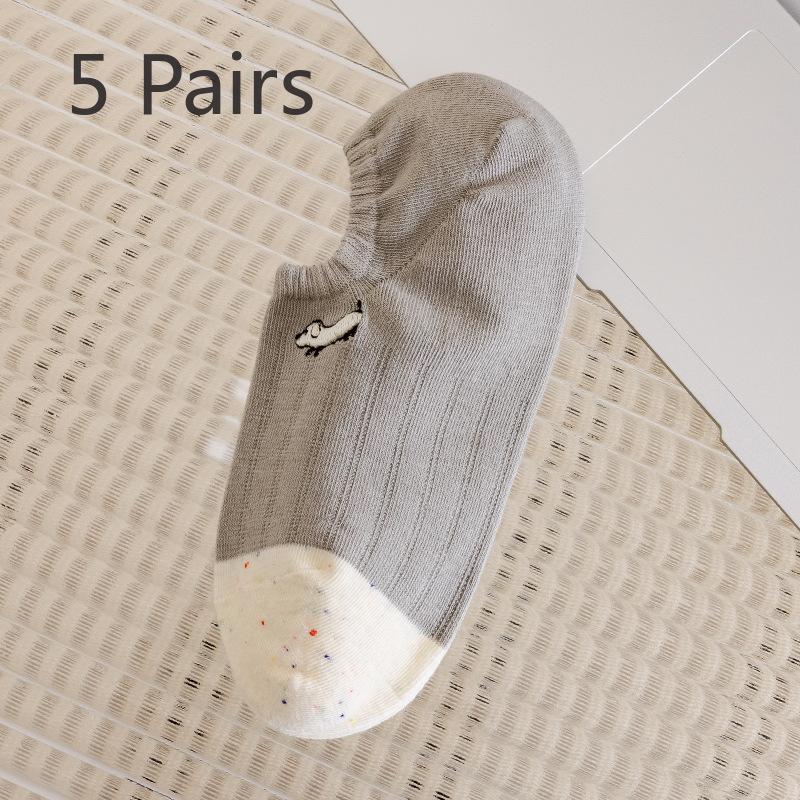 5 Pairs Boat Socks Women Shallow Mouth Short Socks Summer Thin Embroidery Puppy Boat Socks Cute Tide Net Red Invisible Socks Women