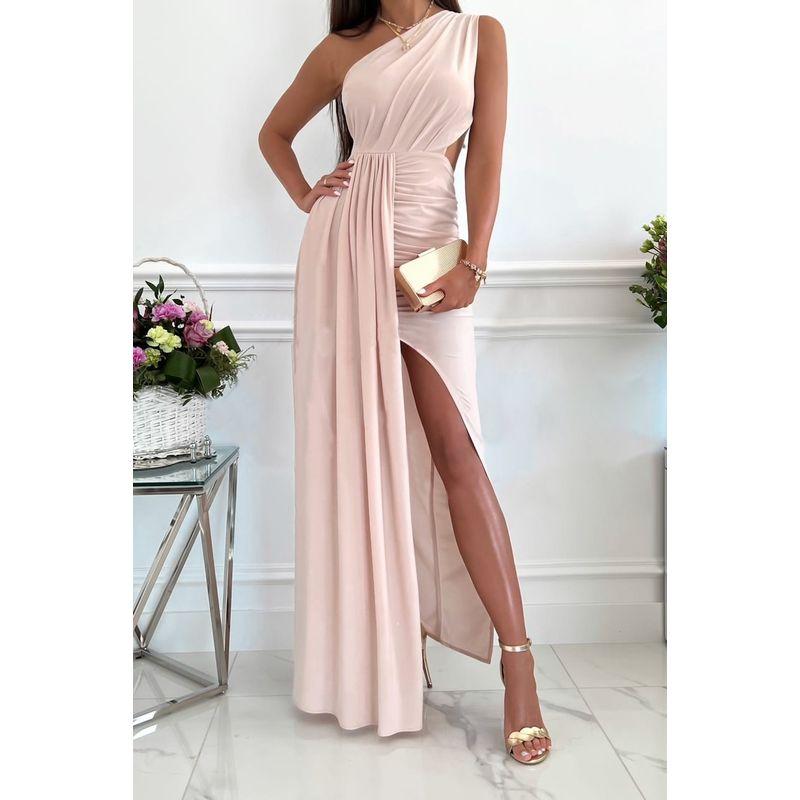 

One Shoulder Sexy Party Dress Party Oblique Shoulder Cut Out Temperament Split Dress Women Light pink S