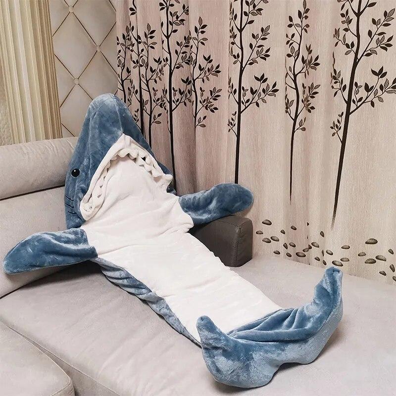 Coperta di squalo super morbida e accogliente, con coda bianca, in flanella blu, con cappuccio invernale caldo e coperte con cappuccio
