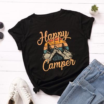Summer Pure Cotton Printed HAPPY CAMPEN Women's Loose Round Neck Short Sleeved T-Shirts Women’s