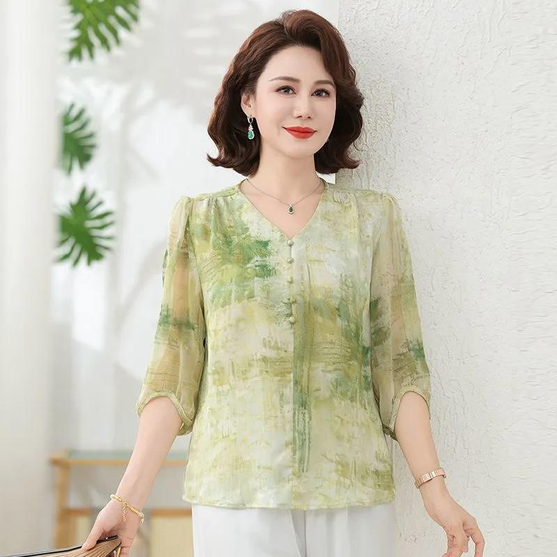 

Womens Green Watercolor Print Half Sleeve V Neck Blouse XL зелений