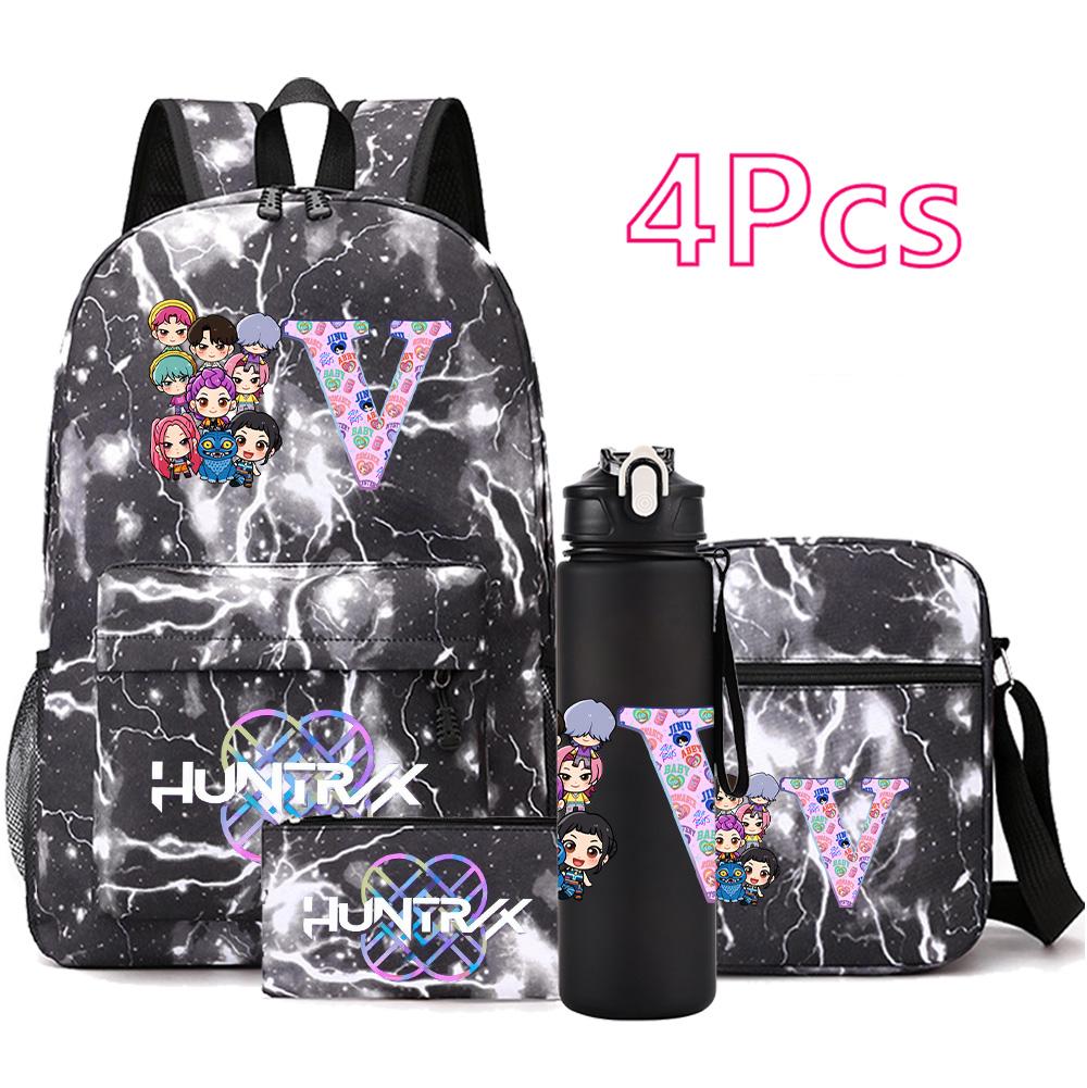 4Pcs/set 26 English Letter KPop Printed Backpack with 750Ml Water Bottler for Teenager Student Girl Boy Bookbag Kid Gift Large Capacity Travel Bag