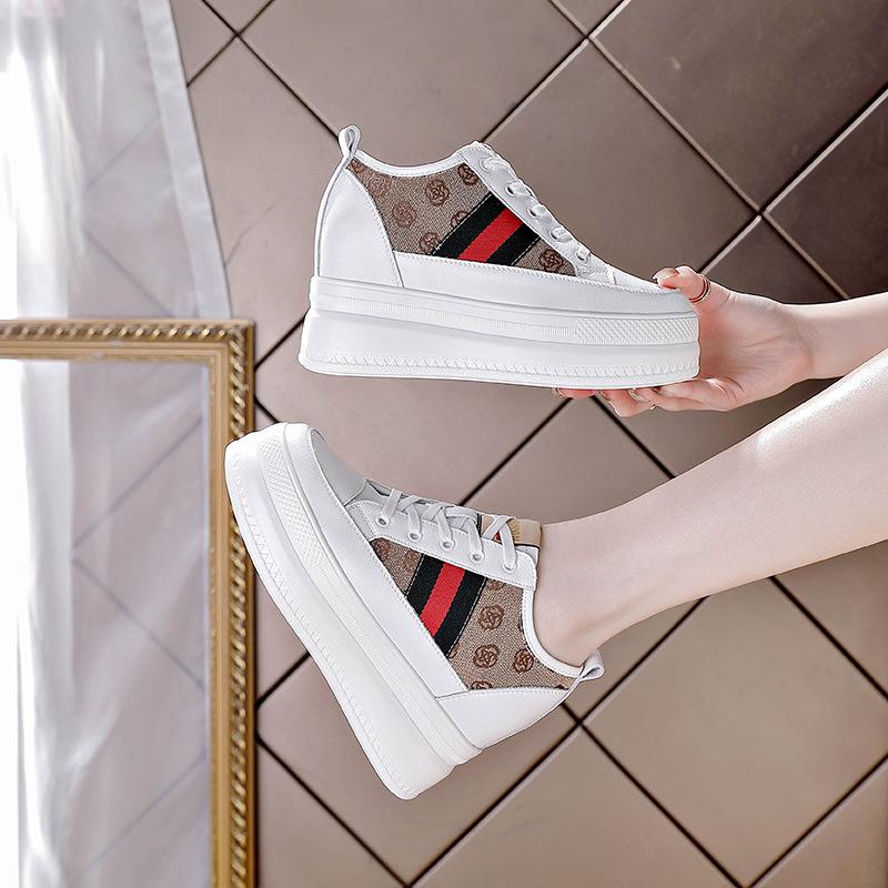 Genuine Leather Shoes Women Sneakers Flat Platform Fashion Brand Ladies Height Increasing Shoes 9cm Black White