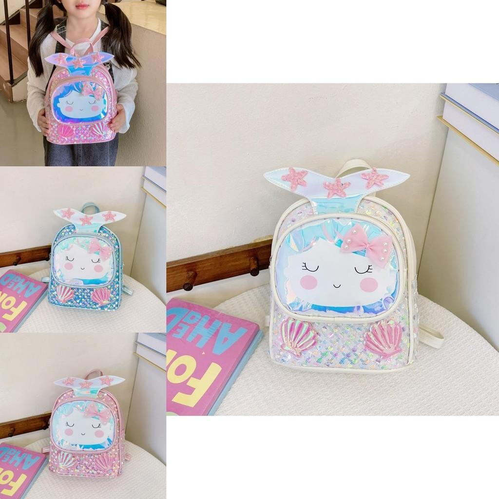 Children Girls Backpack With Shiny Shell Mermaid Tail For Kindergarten School Use