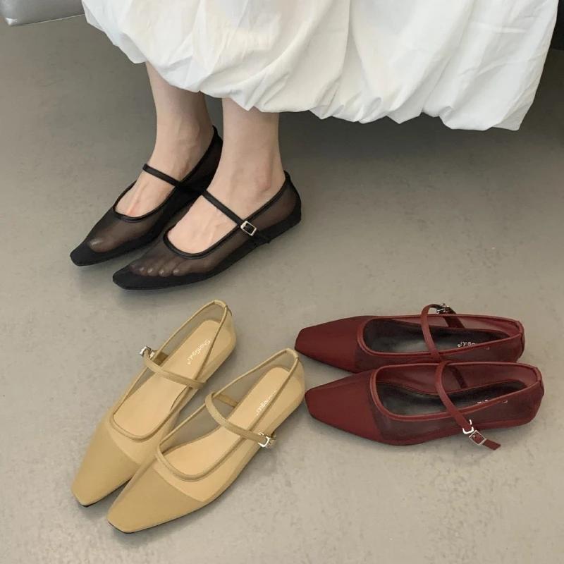 Fashion Retro Mesh Brand Flat Ballet Flat Shoe Women Fashion Buckle Square Toe Shallow Mary Jane Shoe Summer Casual Non Slip Flat Sandal