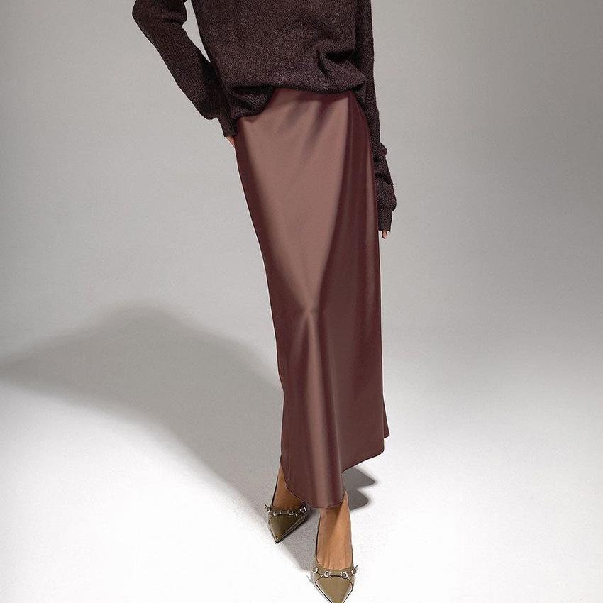 

Весенняя юбка миди из коричневого сатина в стиле ретро для женщин - Европейская и американская офисная мода Size M