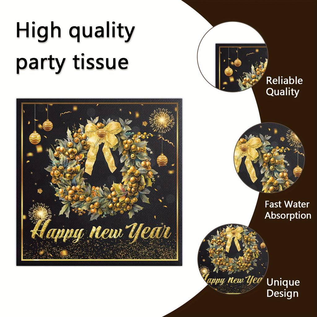 2026 New Year Party Napkins - Golden & Black Elegant Table Decor, Champagne Bottles & Balloons - Heavy-Duty 2-Ply Paper Napkins