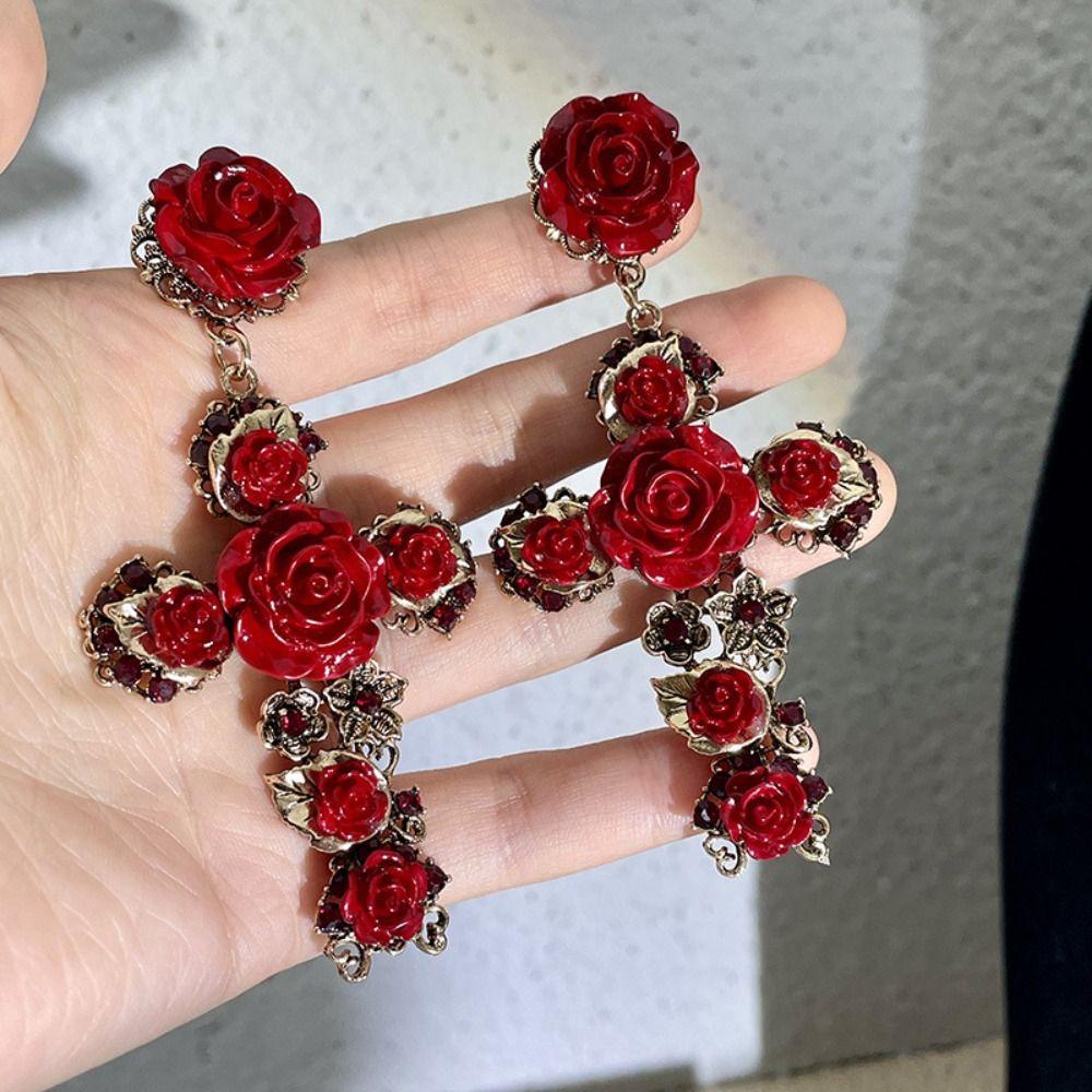 Aesthetic Rose Cross Earrings Baroco Style Flower Stud Earrings Vintage Crystal Ear Stud Party
