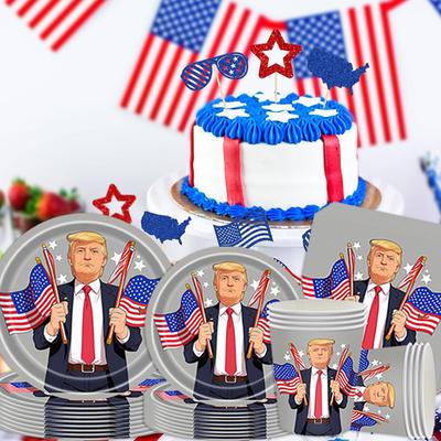 Trump Patriotyczny Zestaw Artykułów Imprezowych Tematyczny Zastawa Stołowa z Flagą W tym Talerze Serwetki i Kubki na Urodziny i Uroczystości