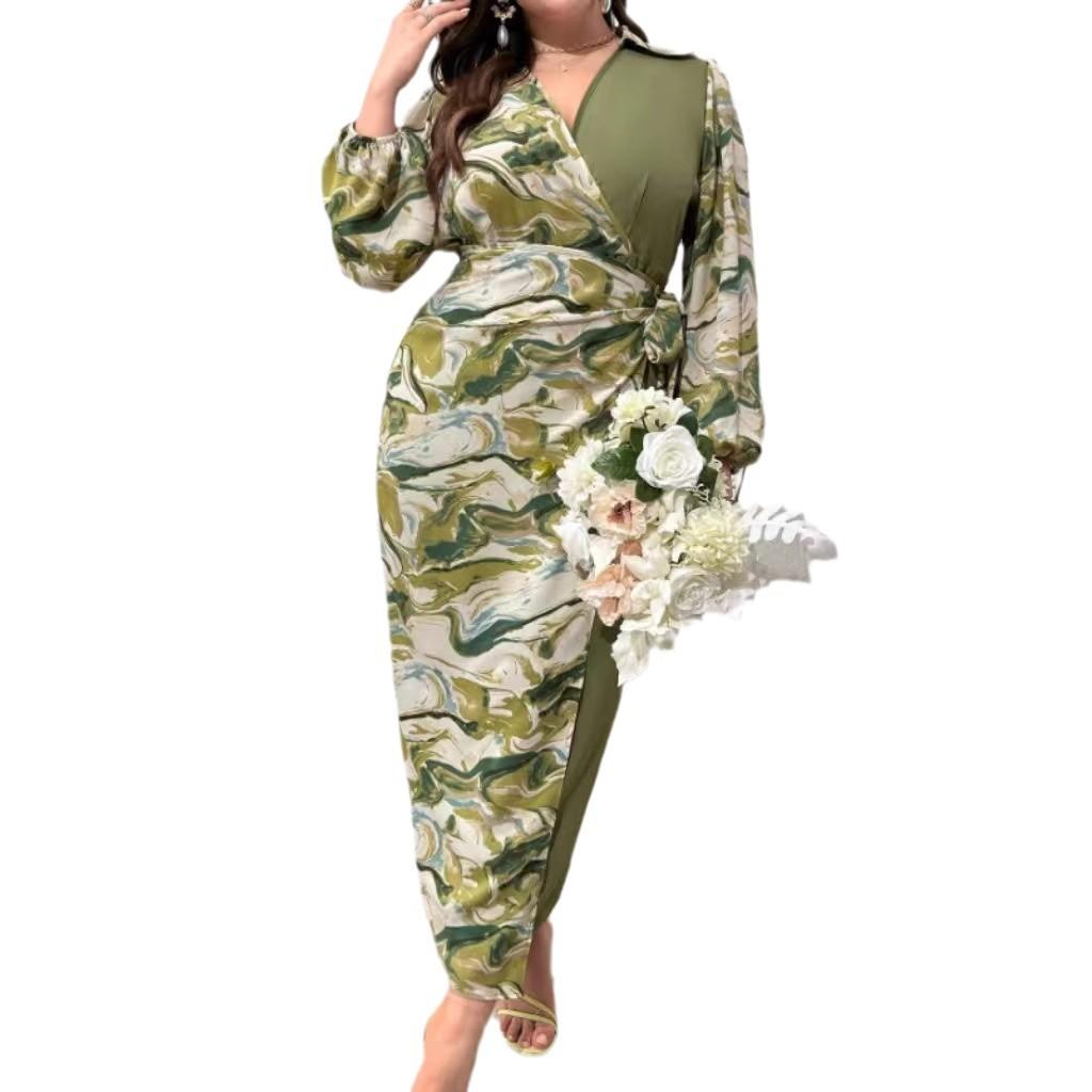 Podzimní šaty s dlouhým rukávem a výstřihem do V, elegantní dámské barevné blokování, plus size šaty