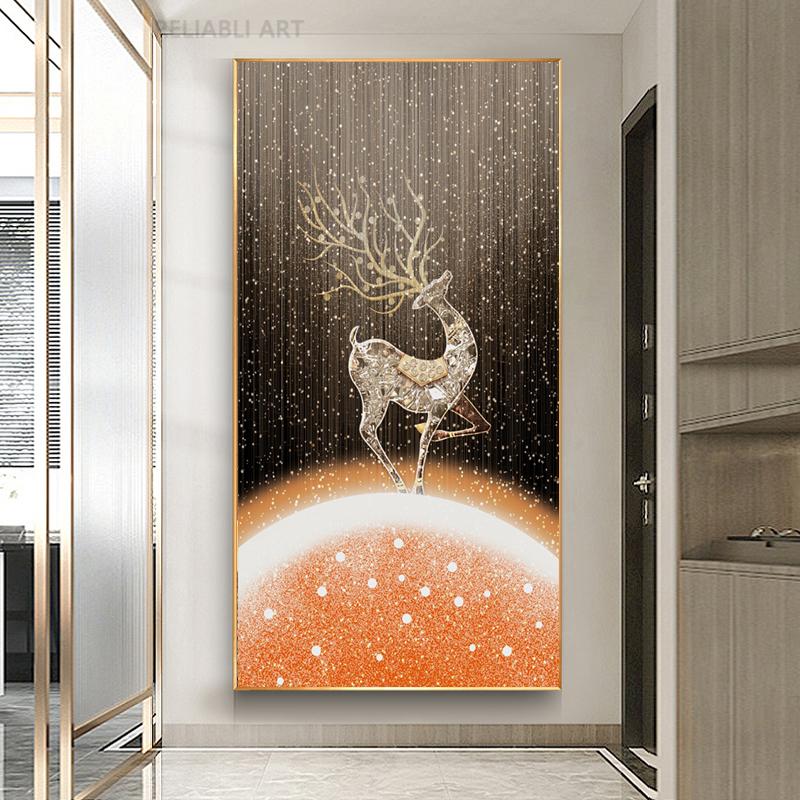 New Chinese Fengshui Golden Deer Canvas Painting Abstract Zen Stone Posters and Prints Modern Luxury Wall Art for Porch Decor