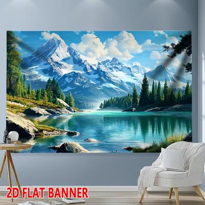 2D Snow Mountain Pine Forest Lake Backdrop for Outdoor Nature Portrait Photoshoot