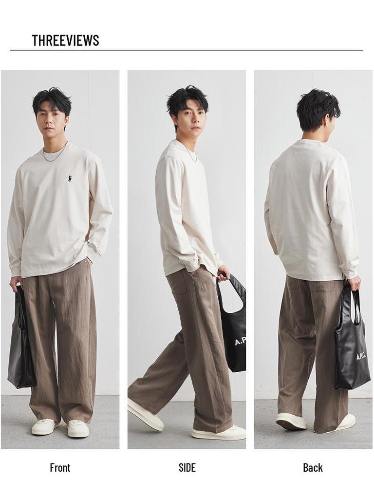 Yizhi Fashion Men's Embroidered Solid Color Round Neck Long Sleeve T-Shirt - Spring/Autumn 2025 Collection