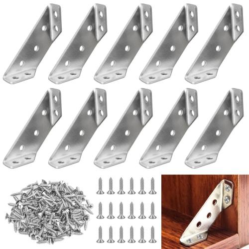 Stainless Steel Angle Brackets (10-Pack) - Corner Braces, Furniture Prevents Tip-Over, Shelf Brackets, Angle Brackets with Screws and Adequate Anchors