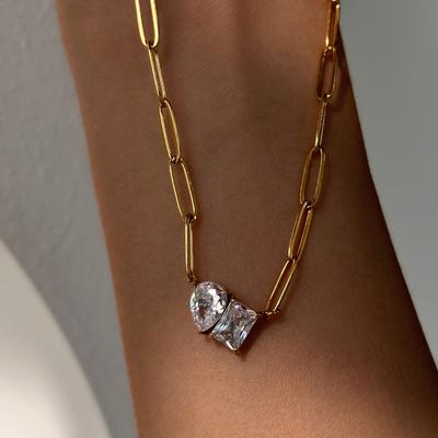 Exquisite Quadrat & Wassertropfen Zirkonia Paperclip Gliederkette Halskette Mode Edelstahl Halskette für Damen Schmuck