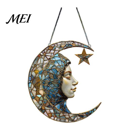 Colorful Glass Suncatcher 2D Acrylic Star Moon Lantern Suncatcher, Crescent Window Hanging Ornament Decoration for Home, Patio, Garden, Ramadan Decor,