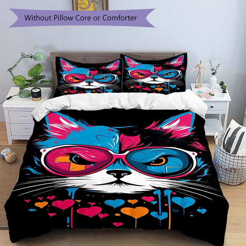 

3pcs Creative Glasses Cat Quilt Cover Set - Soft and Cozy Bedroom, Guest Room and Dorm Decorative Bedding 3-Piece Set 1 Quilt Cover + 2 Pillow Sh 135x200cm