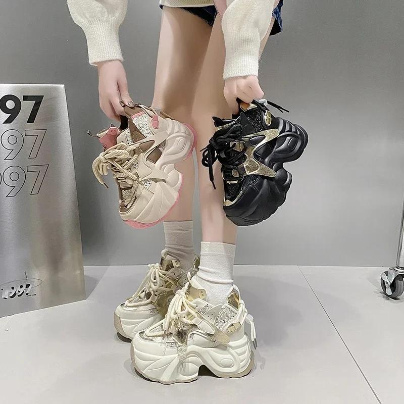 Fashion Women Bling Chunky Sneakers NEW Winter High Platform Warm Fur Shoes Ladies Wedges Casual Dad Shoes Leather Sports Sneakers 7.5CM