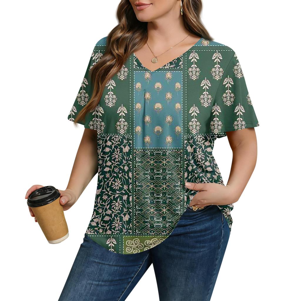 Women's Plus Size Fashionable Casual Loose-Fit Short Sleeve Elegant V Neck Blouse For Work