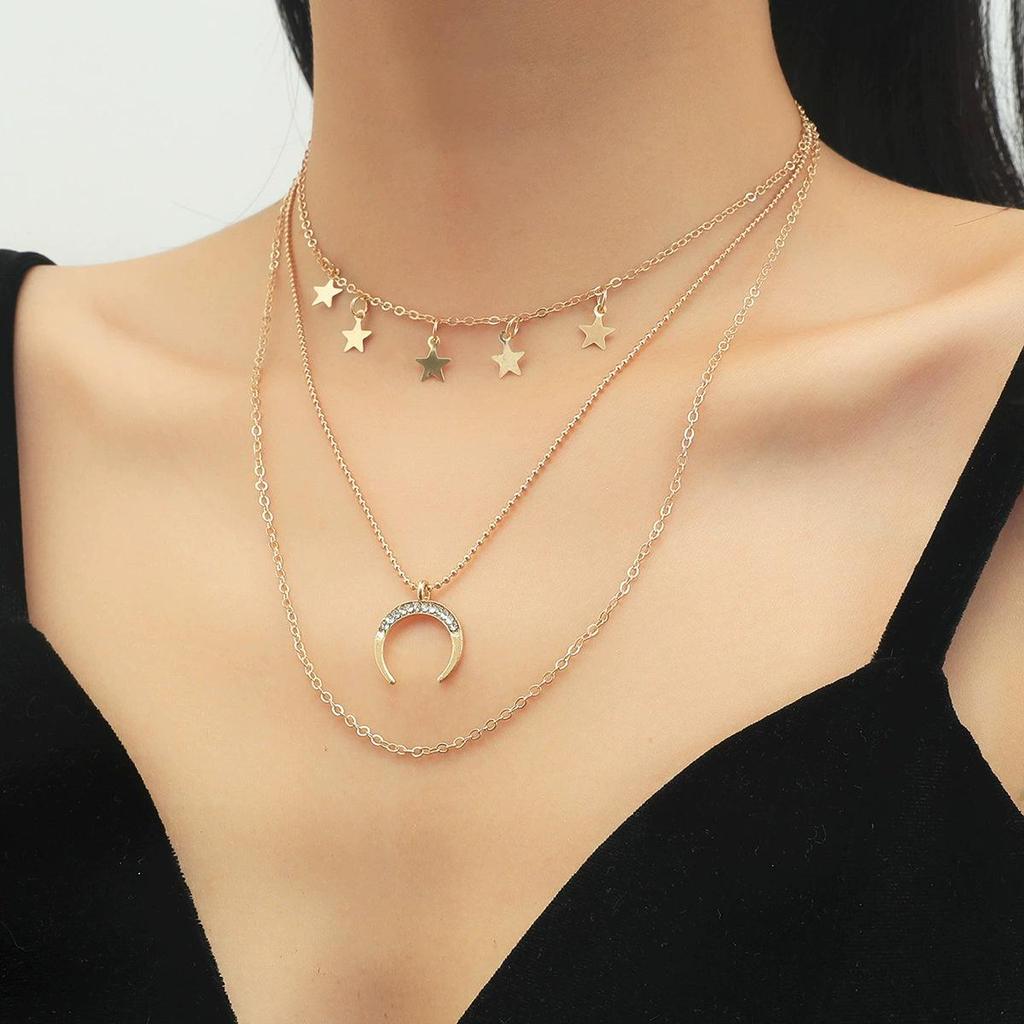 Star & Moon Multi-Layer Alloy Necklace - Hip-Hop Style Portrait Clavicle Chain