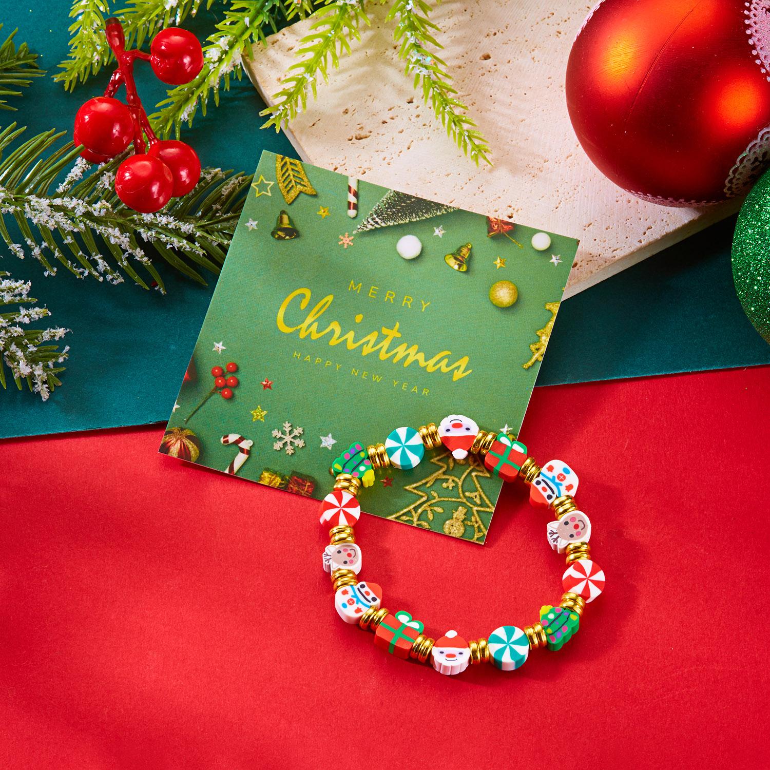 Christmas Colorful Polymer Clay Beaded Bracelet for Women Men Santa Claus Elk Snowflake Cartoon Pattern Party Jewelry Gift