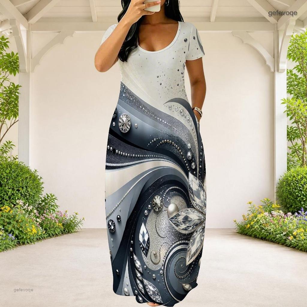 Women Plus Size Round Neck Short Sleeve Printed Green Black Loose Maxi Dress With Side Pockets