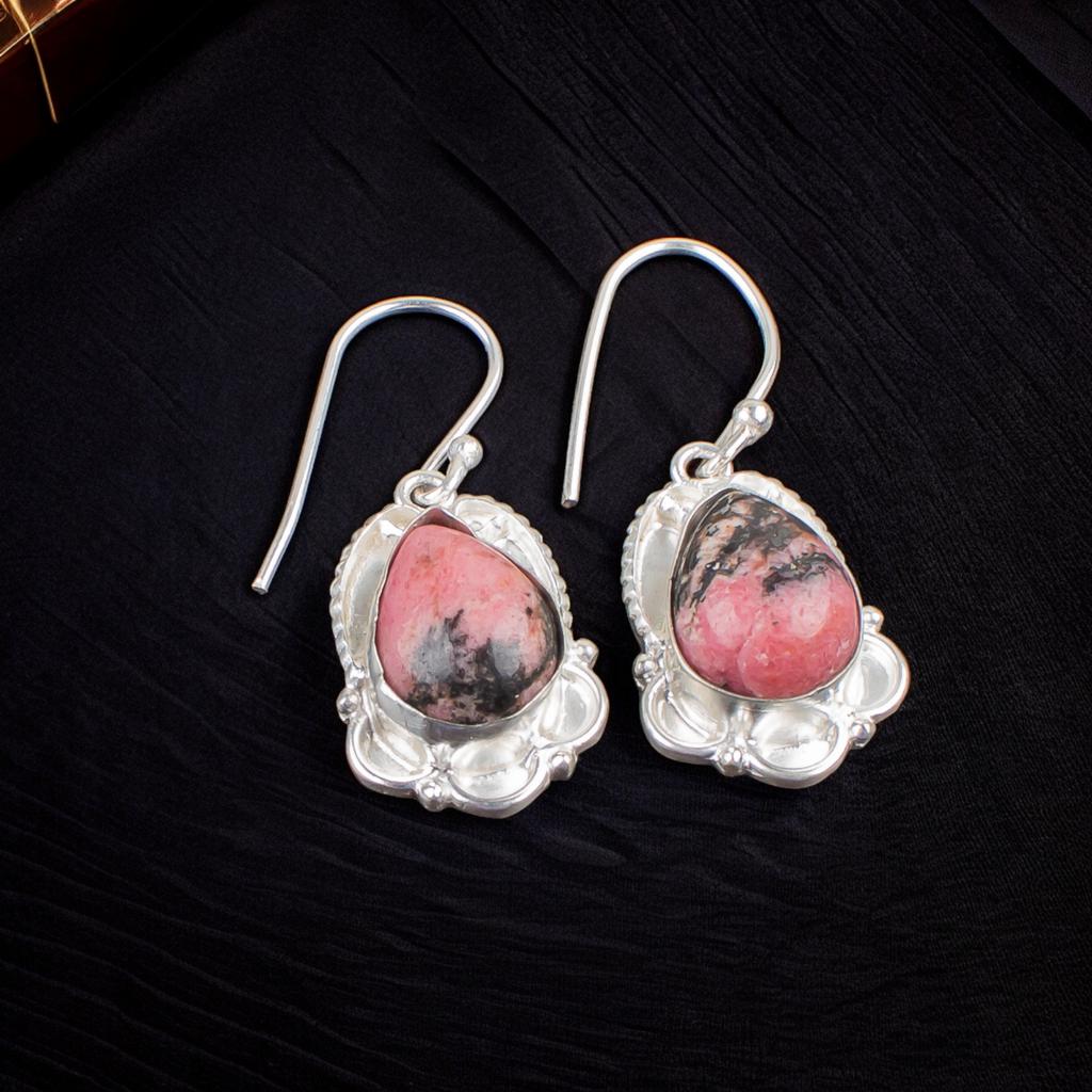 925 Sterling Silver Black Rhodonite Gemstone Ethnic Jewelry Earrings For Women EE-41-27