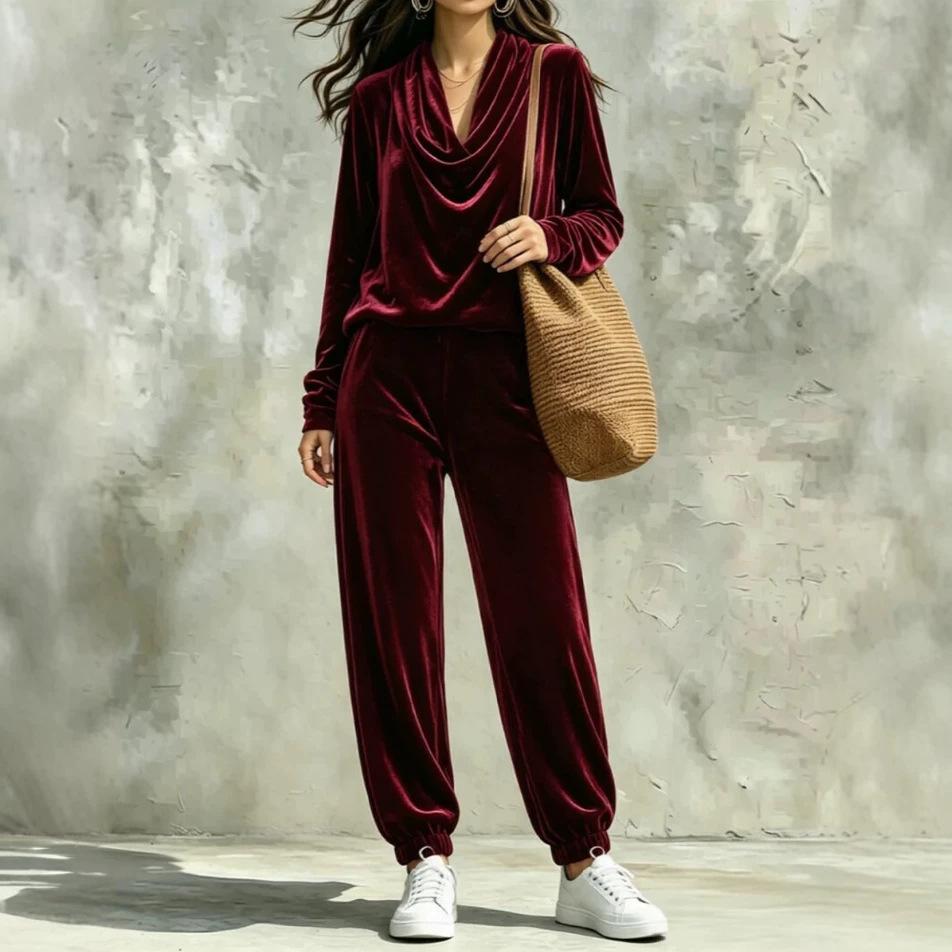European and American women's clothing autumn and winter new swing neck gold velvet long-sleeved top corset sweatpants casual two-piece set