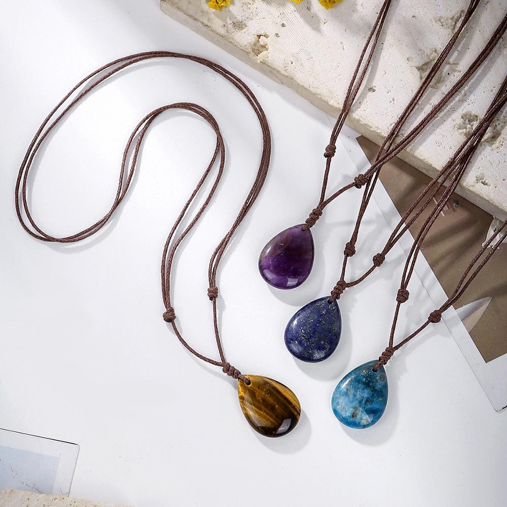 Natural crystal pendant, amethyst necklace, hand woven, water droplet jewelry