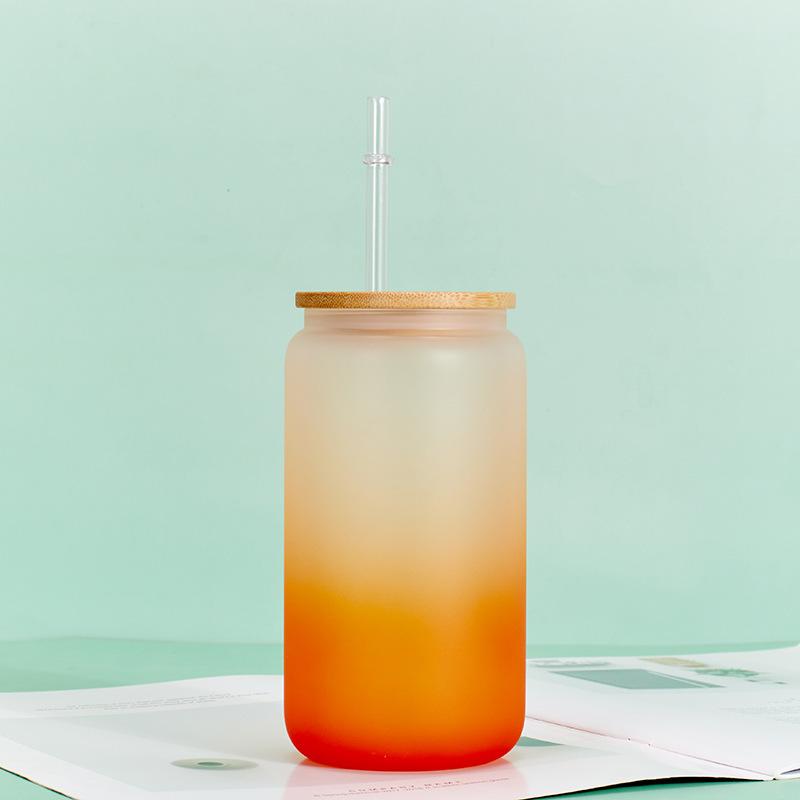 USA Warehouse 16oz Gradient Ombre Beer Cup Sublimation Frosted Glass Can with Bamboo Lid and Plastic Straw Colorful Drinkware 16oz оранжевый