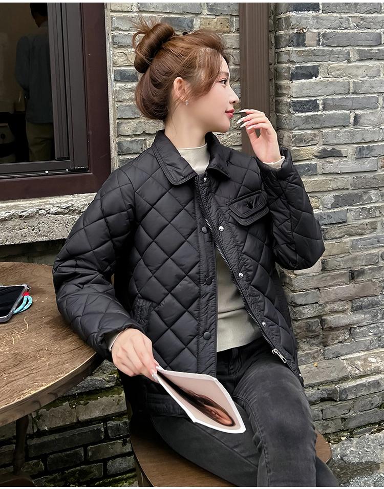 Thin Short Rhomboid Winter Jacket with Turn Down Collar