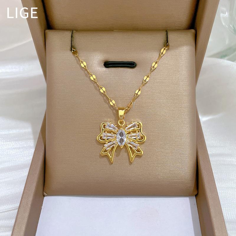 Empty Bow Light Luxury Temperament Gorgeous Full Diamond Necklace Women'S Versatile Collarbone Chain Titanium Steel Chain