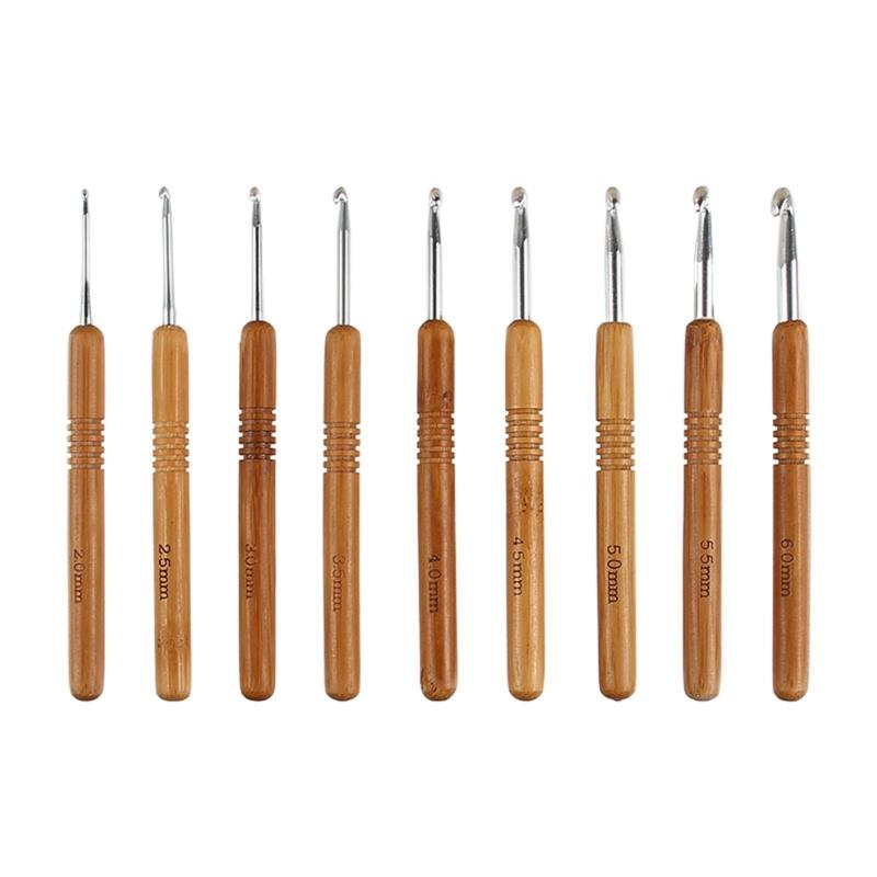 9Pcs Ergonomic Crochet Hook 2.0mm-6.0mm Wood Handle Crochet Hook for Beginner Adult Knitting Sweater Scarves Bag Socks