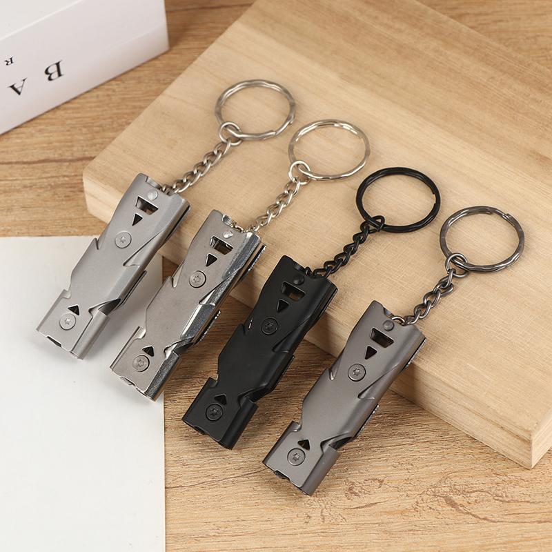 1Pc High Decibel Stainless Whistle Double Tube Lifesaving Portable Emergency Keychain Whistle For Outdoor Hiking Camping