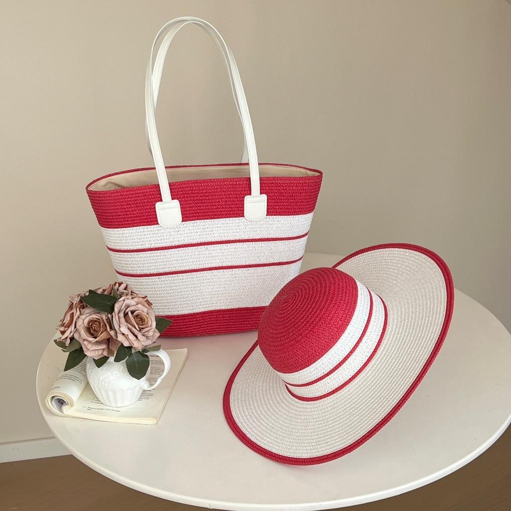 Straw Bag White Beach Hat Women's Summer Beach Tote Bags Outdoor Travel Vacati Large Capacity Shoulder Handbag Shade Beach Hat