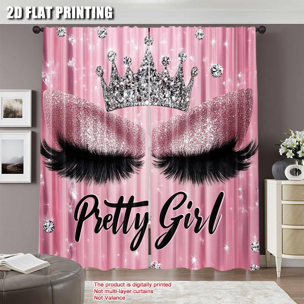 2Pcs Eyelash Curtainsstylish Pink Sparkles Blackout Curtains Adult Eyelash Diamond Aesthetic Curtains Drapes Makeup Eyelash