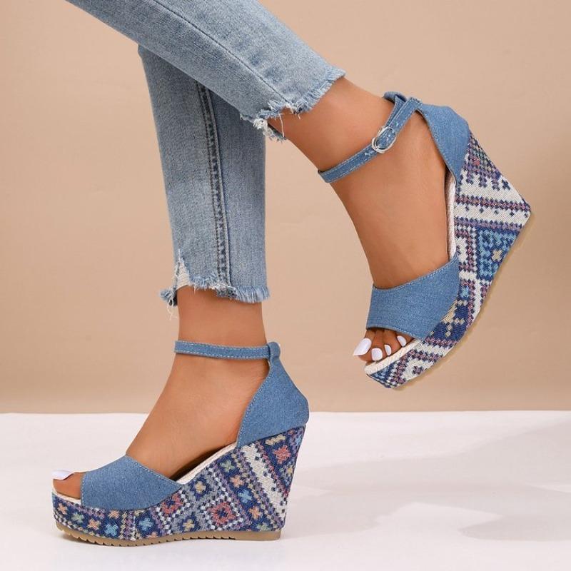 

Bohemian High Heel Sandals Women s Summer Denim Material Ultra High Heels Beach Sandals Rubber Sole Ladies Footwear 35 синій