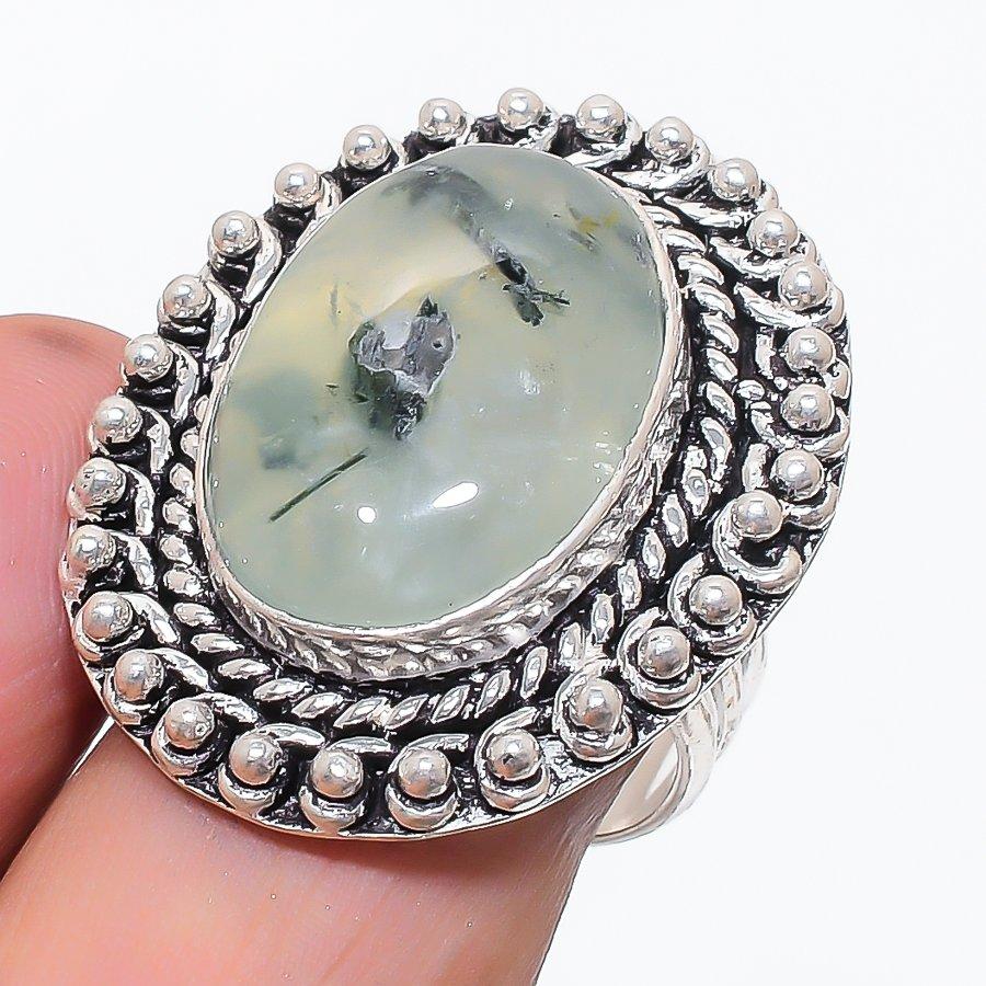 Natural Prehnite Gemstone Handmade 925 Sterling Silver Jewelry Ring Size 8 L0a86
