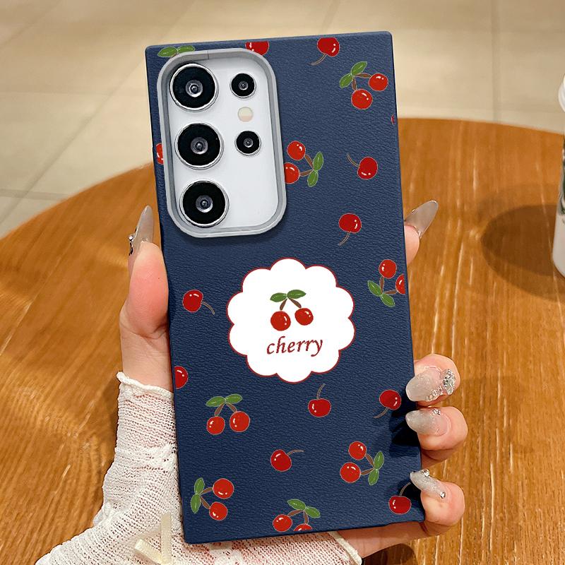 Cute Cherry Pattern TPU Leather Texture Slim Magnetic Case For Samsung S25 Ultra S24 FE S23 S22 S21 Wireless Charge Matte Shockproof Soft Phone Cover