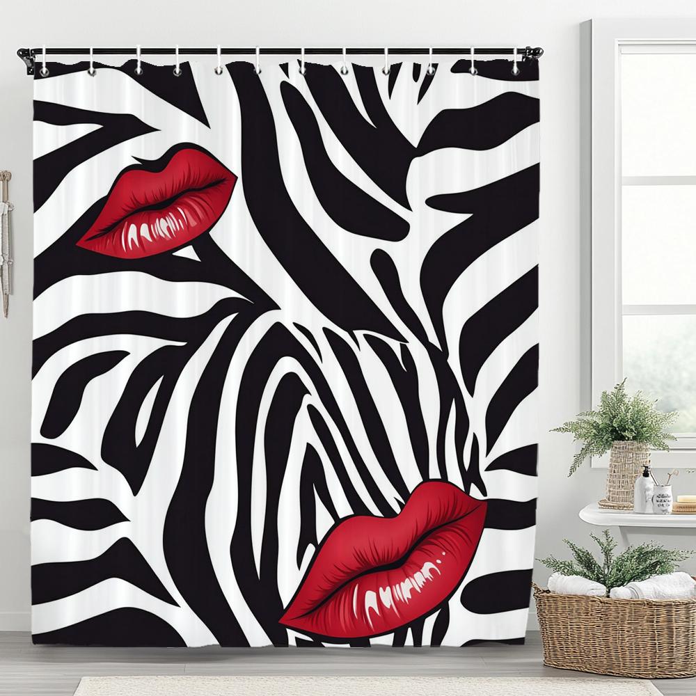 Modern Red Love Pattern Shower Curtain,Lover Printed Polyester Fabric Decorative Bathroom Curtain, Home Curtain with Hooks